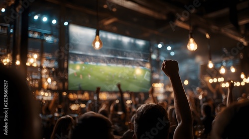 Excited crowd cheering at a sports bar while watching a soccer match on TV