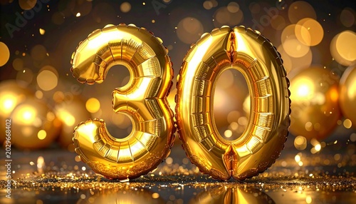 Shiny golden balloons shaped like the number thirty for a thirtieth birthday celebration or anniversary party with bokeh lights background.