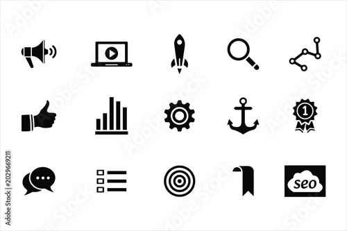 collection of flat icons including megaphone play button and rocket
