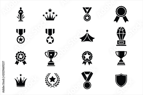 award icons set black silhouette symbols on white background
