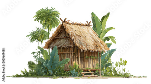 A small hut with a thatched roof surrounded by tropical plants and palm trees isolated on transparent background