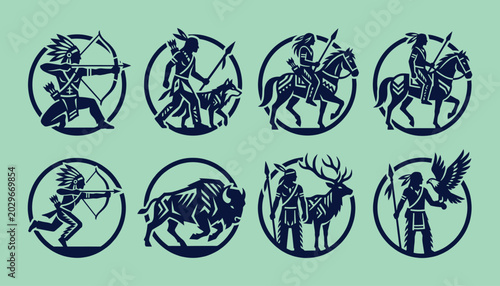 Tableau sur toile Indigenous warrior silhouette emblem set featuring tribal hunter and animal spir