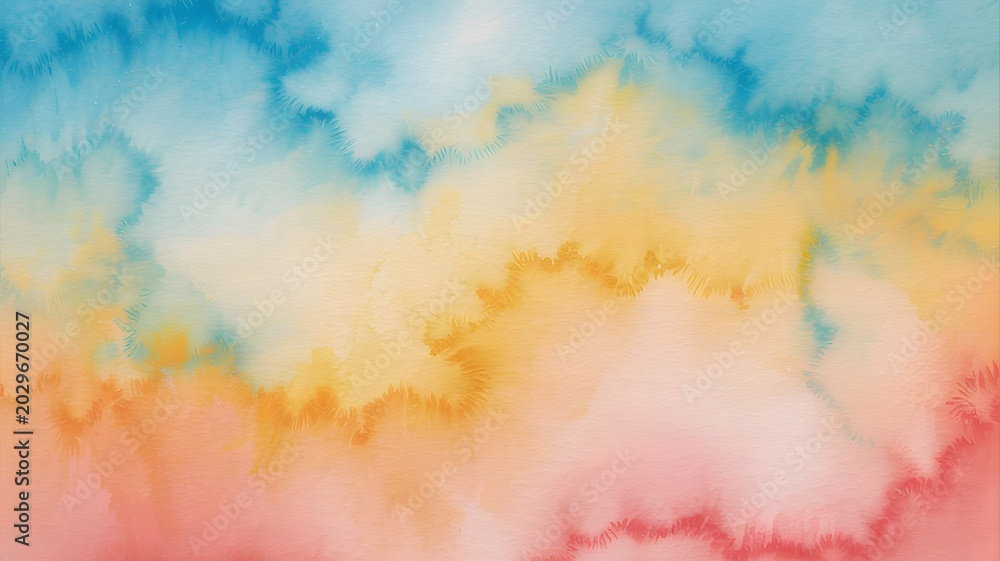 Fototapeta premium The vibrant colorful cloudy sky displays a watercolor effect with blue, yellow, orange, and red hues.