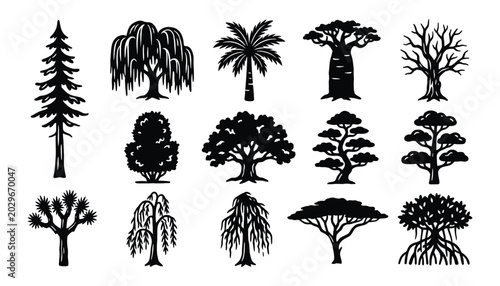 Valokuva Minimalist tree silhouette set for sustainable landscape design and ecological b