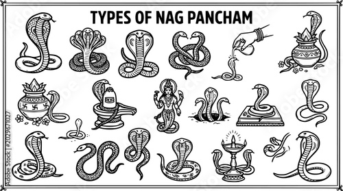 Bild auf Leinwand Hinduism  Indian Culture Black  White Line Art depicting Nag Pancham festival rituals, sacred snakes, cobras, and traditional symbols