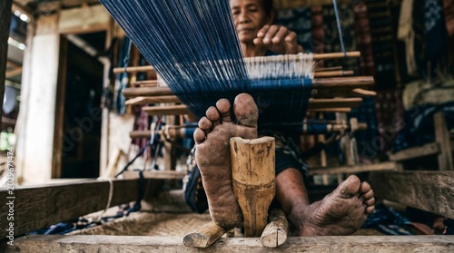Weaver Working at Traditional Textile Loom with Indigo Blue Yarn