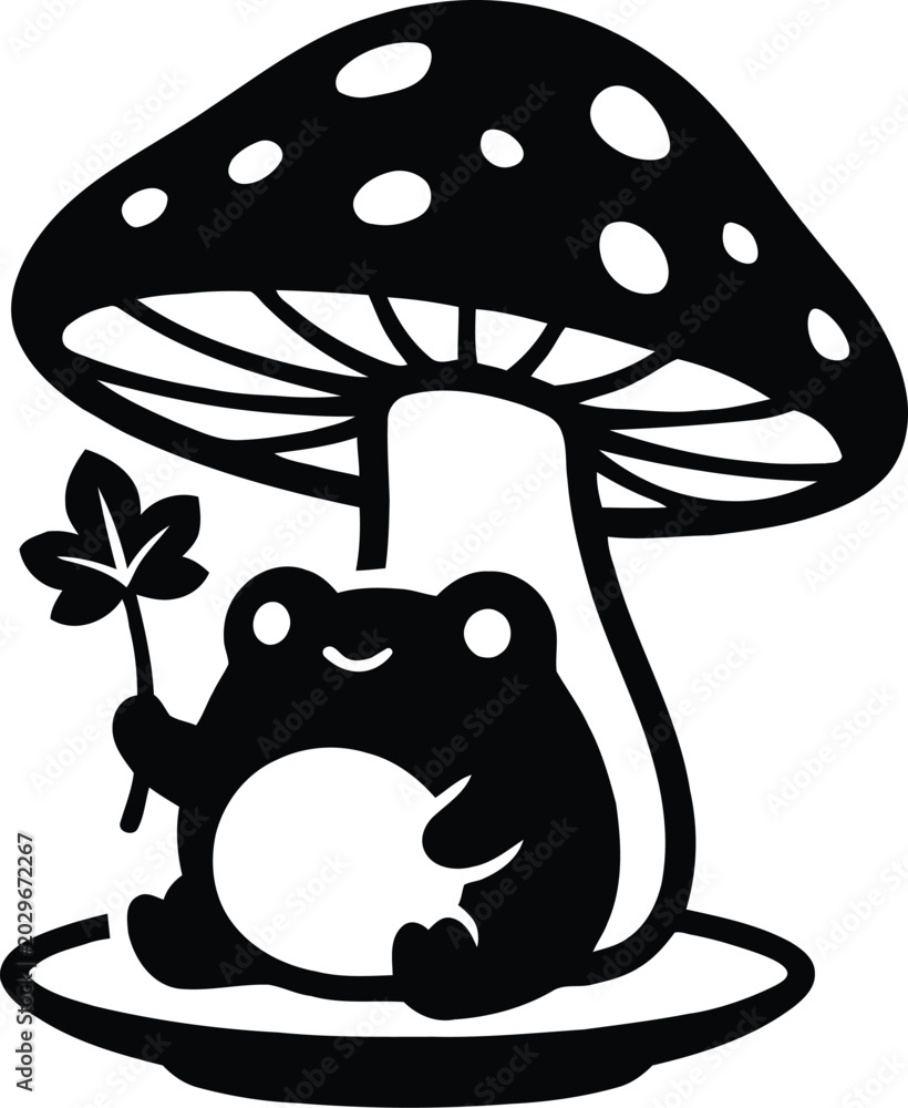 Obraz premium Cute little frog sitting under a mushroom holding a leaf silhouette vector