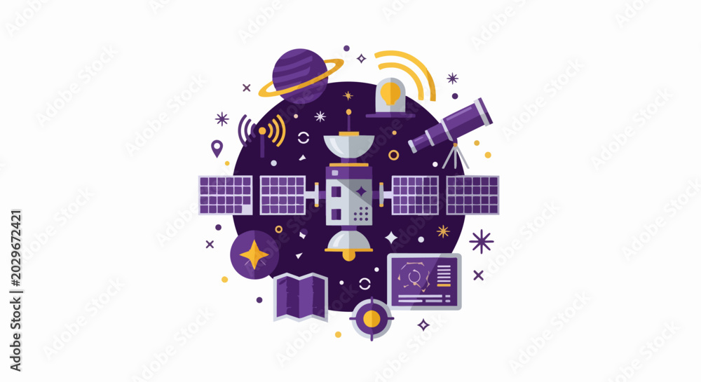 Fototapeta premium Space Exploration and Global Communication Satellite Vector Illustration with Planet, Telescope, and Digital Data Icons