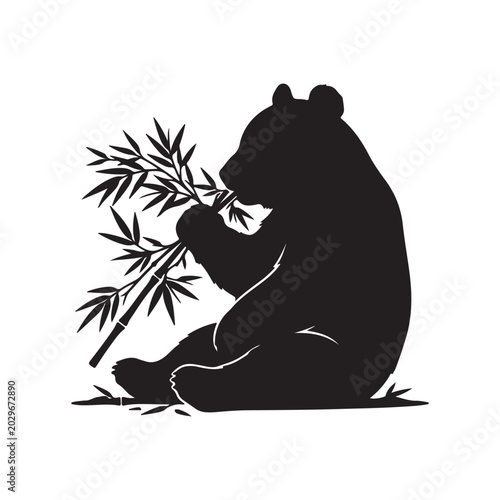 Black silhouette of a panda eating bamboo on a white background de
