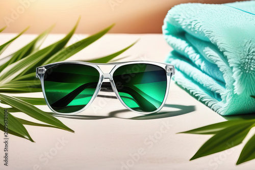 The image is a well-composed still life photograph that captures a pair of transparent sunglasses with green tinted lenses placed on a flat surface.