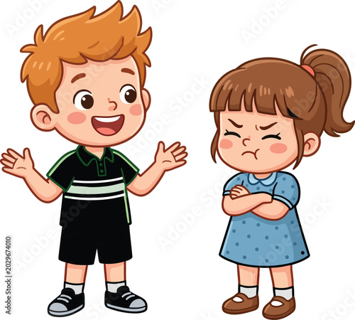 Fotografia Cheerful cartoon boy talking to a grumpy offended girl with crossed arms showing