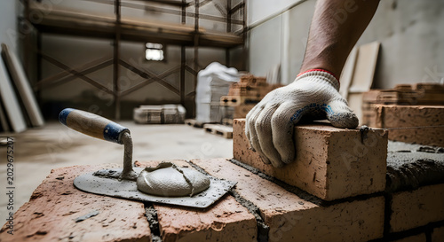 Professional mason hand laying brick with mortar and trowel