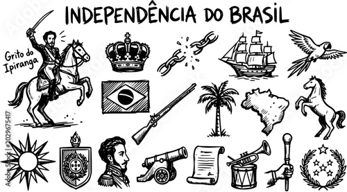 Quadro su tela Brazilian Independence Icons: Historical Symbols in Black and White Line Art for