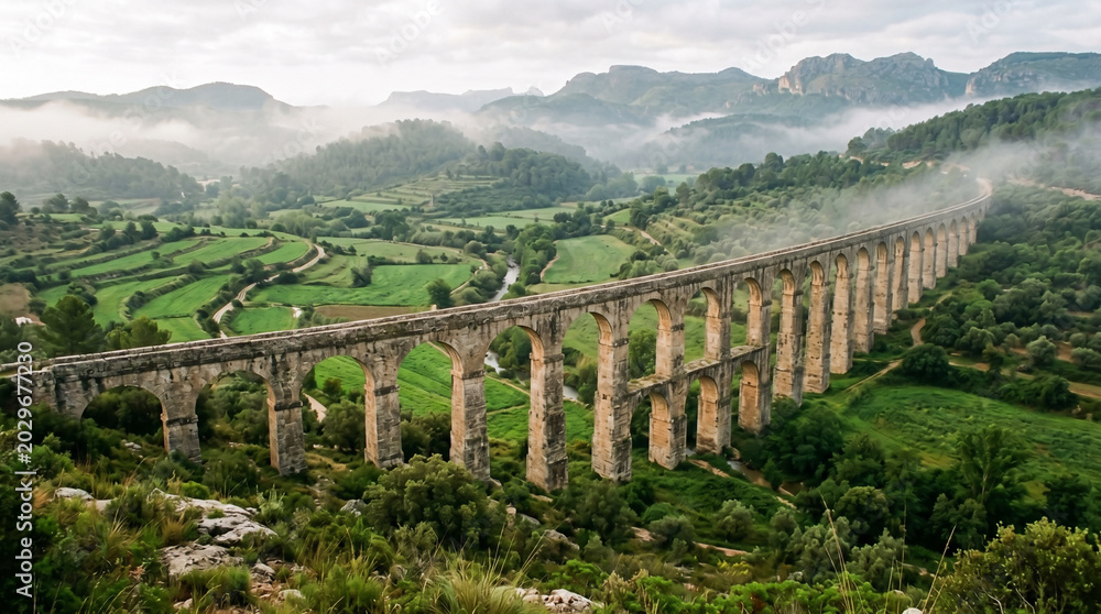 Naklejka premium Ancient aqueduct arches crossing a green valley with weathered stone in misty morning light scenery