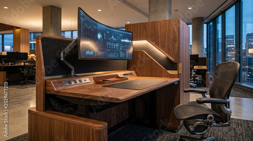 Architecturally refined office cubicle featuring custom millwork and integrated power modern workspace design