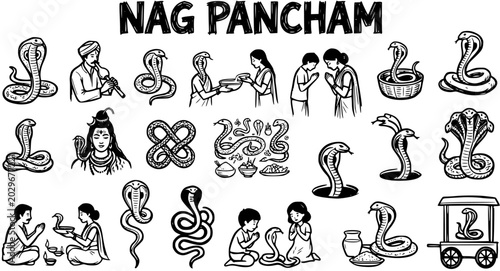 Foto Nag Pancham Hindu Festival Black and White Line Art Illustration