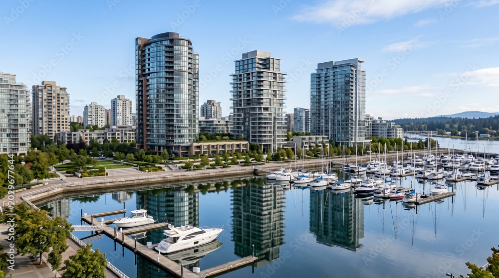Obraz premium Luxury apartment towers overlooking a tranquil harbor basin with refined reflections architecture