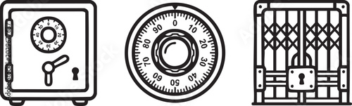 Security Safe Bank Vault and Jail Cell Bars Icons