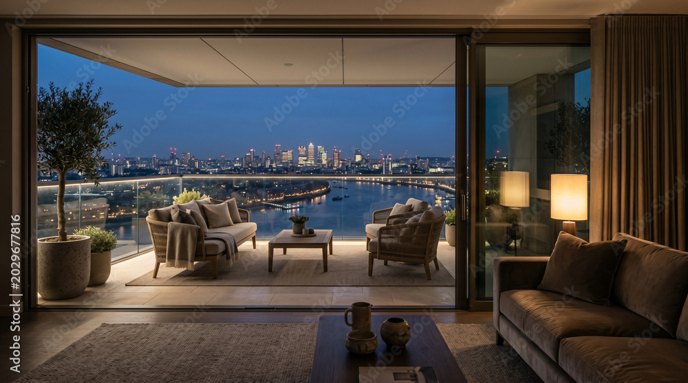 Fototapeta premium Luxury penthouse balcony overlooking a luminous river skyline with elegant muted neutral decor style photography