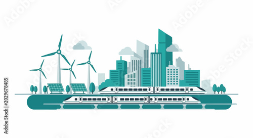 Sustainable Smart City Flat Vector Illustration with Green Energy Wind Turbines Solar Panels and High Speed Trains for Future Urban Development