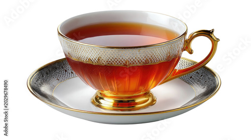 Elegant Tea Service: A delicate porcelain teacup filled with rich, amber tea rests on a matching saucer, adorned with intricate golden detailing and a sophisticated pattern.