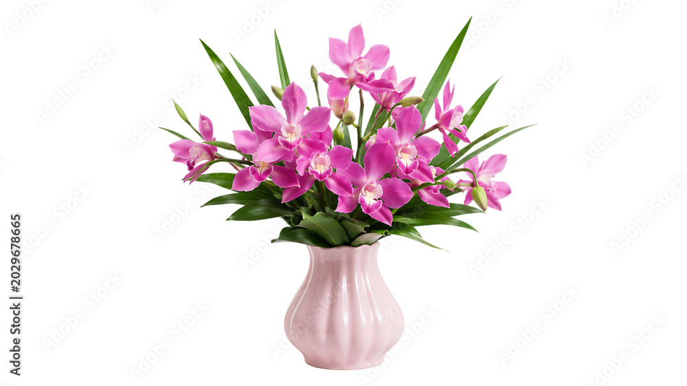 Fototapeta premium Pink Orchid Flower Arrangement in Pink Vase on Transparent Background