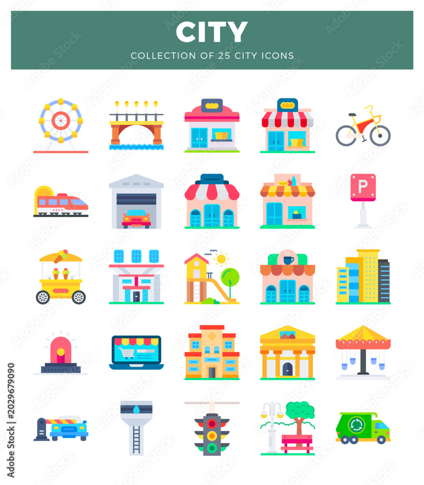 Naklejka premium city icons on white background. featuring Ferris wheel. bridge. shops. and vehicles.