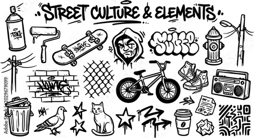 Urban Street Culture  Elements Hand Drawn Black and White Line Art Doodle Set. Featuring Graffiti, Skateboarding, Hip-Hop, and City Life Objects.