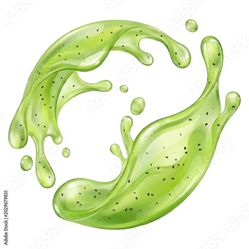 Glossy Kiwi Juice Splash with Translucent Green Effect and Detailed 3D Vector Style