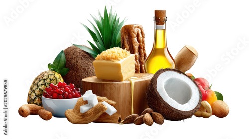 Assortment of Natural Edibles: A vibrant arrangement showcasing a variety of natural food items, including fruits, nuts, oil, and dairy, presented in a healthy and appealing composition.