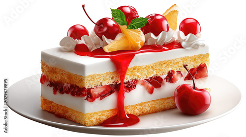 Strawberry and Cream Cake Delight: A decadent slice of strawberry and cream cake, adorned with fresh cherries and a drizzle of vibrant red sauce, rests on a white plate.