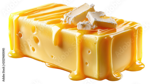 Cheese Block Melty Goodness: A delicious block of yellow cheese, dotted with holes and generously topped with melted cheese and white cheese crumbles.