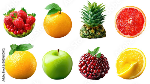 Assortment of Fresh Fruit: A vibrant collection of ripe, juicy fruits including strawberries, oranges, pineapple, grapefruit, apple, and pomegranate.