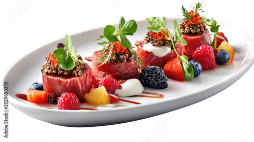 Gourmet Delicacy Platter: A sophisticated assortment of expertly prepared food morsels, featuring succulent raw meat, vibrant berries, and delicate garnishes, presented on an elegant oval white plate.