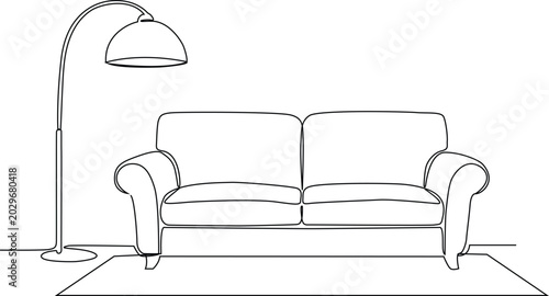 Bild auf Leinwand Line drawing of a sofa and floor lamp on a white background