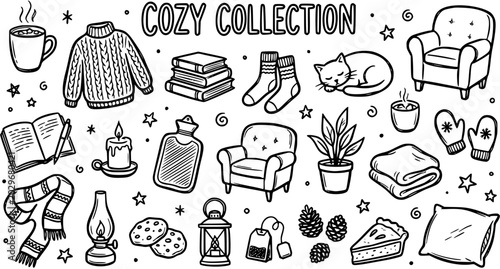 Canvas-taulu Cozy Collection Black and White Line Art Vector - Autumn Winter Comfort Elements