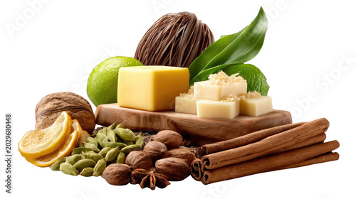 Gourmet Spices and Cheese Composition: A delightful arrangement featuring a block of cheese, citrus slices, various nuts, star anise, cinnamon sticks, and cardamom pods.