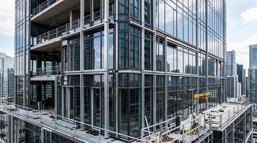 Glass curtain wall installation zone with reflective panels and refined modern construction architecture