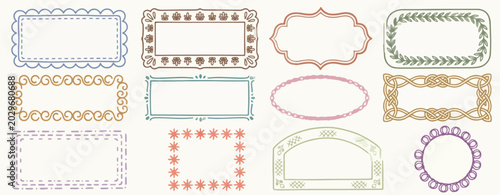 Doodle coastal frame set. Hand drawn colorful border collection. Minimal square, circle and rectangle shapes. Elegant Mediterranean italian sea theme empty banner, poster, placard, postal stamp decor.
