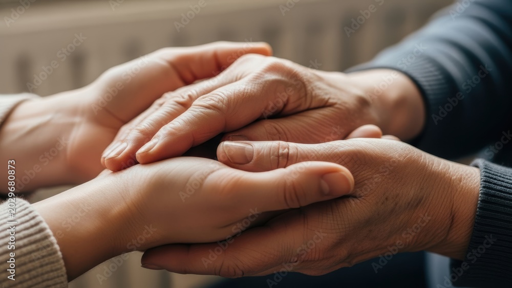 Fototapeta premium A young person's hands gently holding an elderly person's hands.