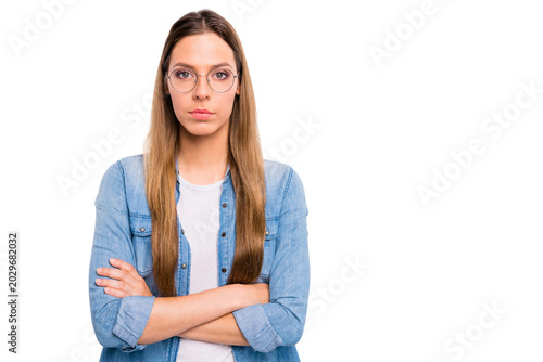 Foto Photo portrait of attractive clever intellectual genius brainy lady holding hand