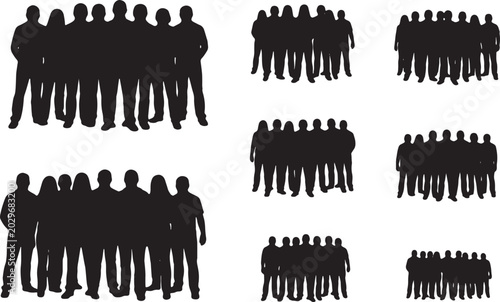 Obraz na plátně Set of black silhouettes depicting diverse groups and crowds of people in variou