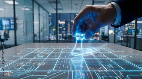 Businessman hand moving glowing holographic rook chess piece on digital circuit board table.