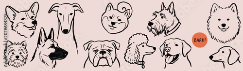 Scribble chalk or charcoal style dogs drawing. Hand drawn puppy sketches, wax crayon outline funny whimsical grunge charcoal art for tshirt print, placard, poster or isolated doodle stickers