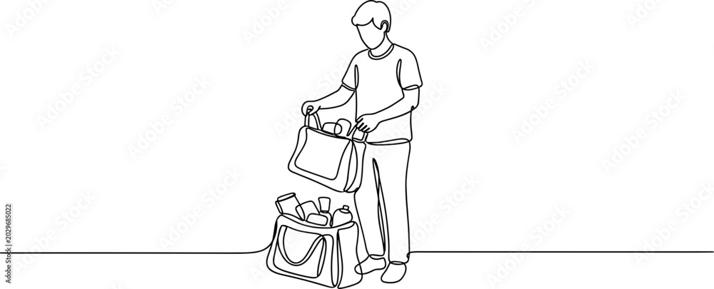 Fototapeta premium One-line drawing of a man packing groceries into a shopping bag