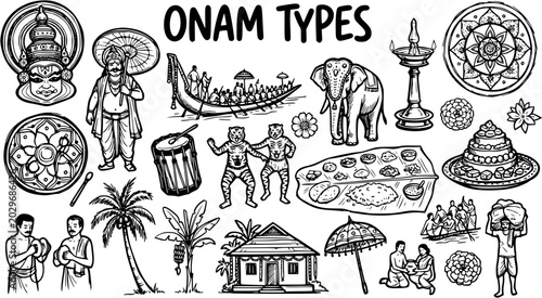 Onam Festival Elements  Kerala Culture - Detailed Black and White Line Art Icons for Indian Traditions