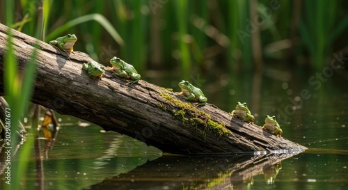 Group of frogs on log.