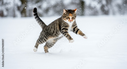 Tabby cat running in snow.