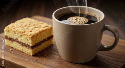 Coffee and cake on wooden board.