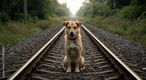 Dog sitting on train tracks.